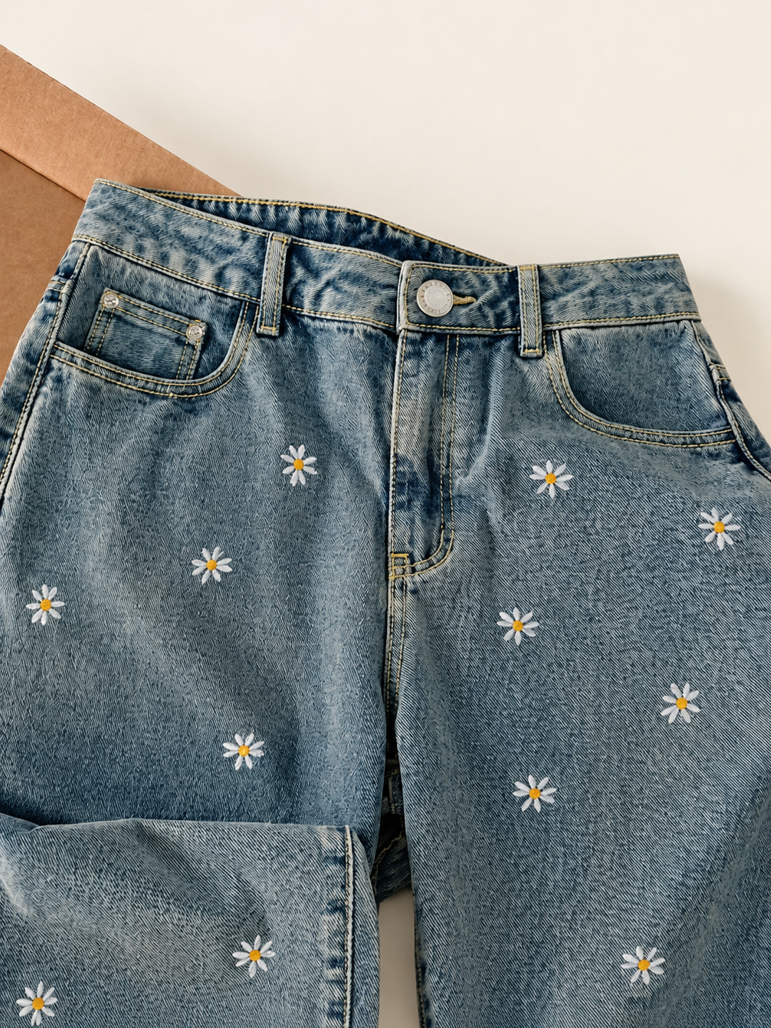Chic Wide-Leg Denim Pants with Cherry Print