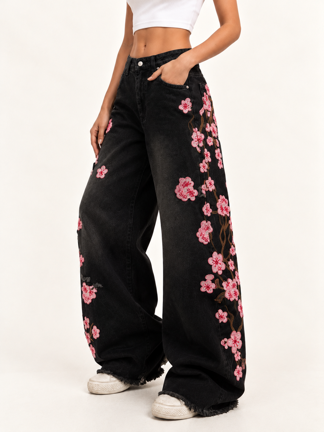 Retro Embroidered Wide-Leg Jeans