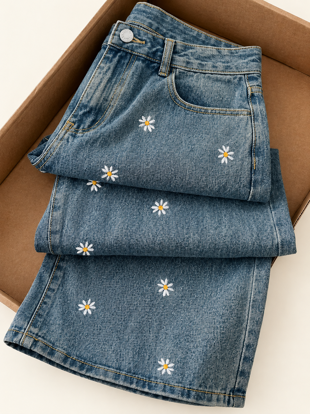 Chic Wide-Leg Denim Pants with Cherry Print