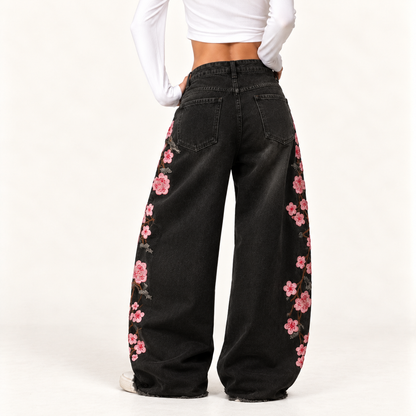 Retro Embroidered Wide-Leg Jeans