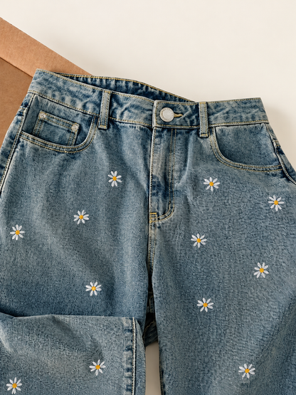 Chic Wide-Leg Denim Pants with Cherry Print