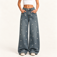 Chic Wide-Leg Denim Pants with Cherry Print