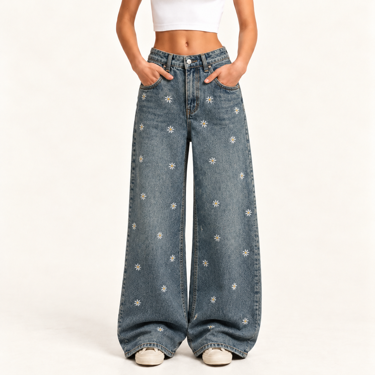Chic Wide-Leg Denim Pants with Cherry Print