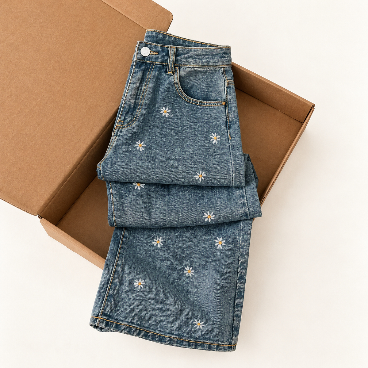 Chic Wide-Leg Denim Pants with Cherry Print