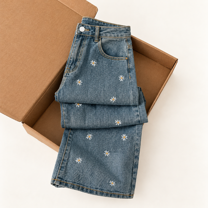 Chic Wide-Leg Denim Pants with Cherry Print