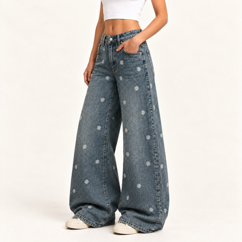 Chic Wide-Leg Denim Pants with Cherry Print