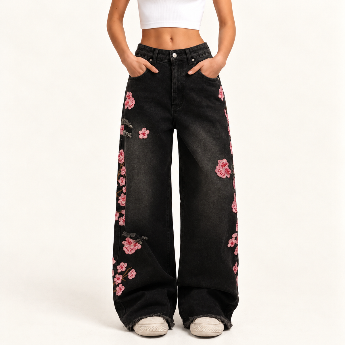 Retro Embroidered Wide-Leg Jeans